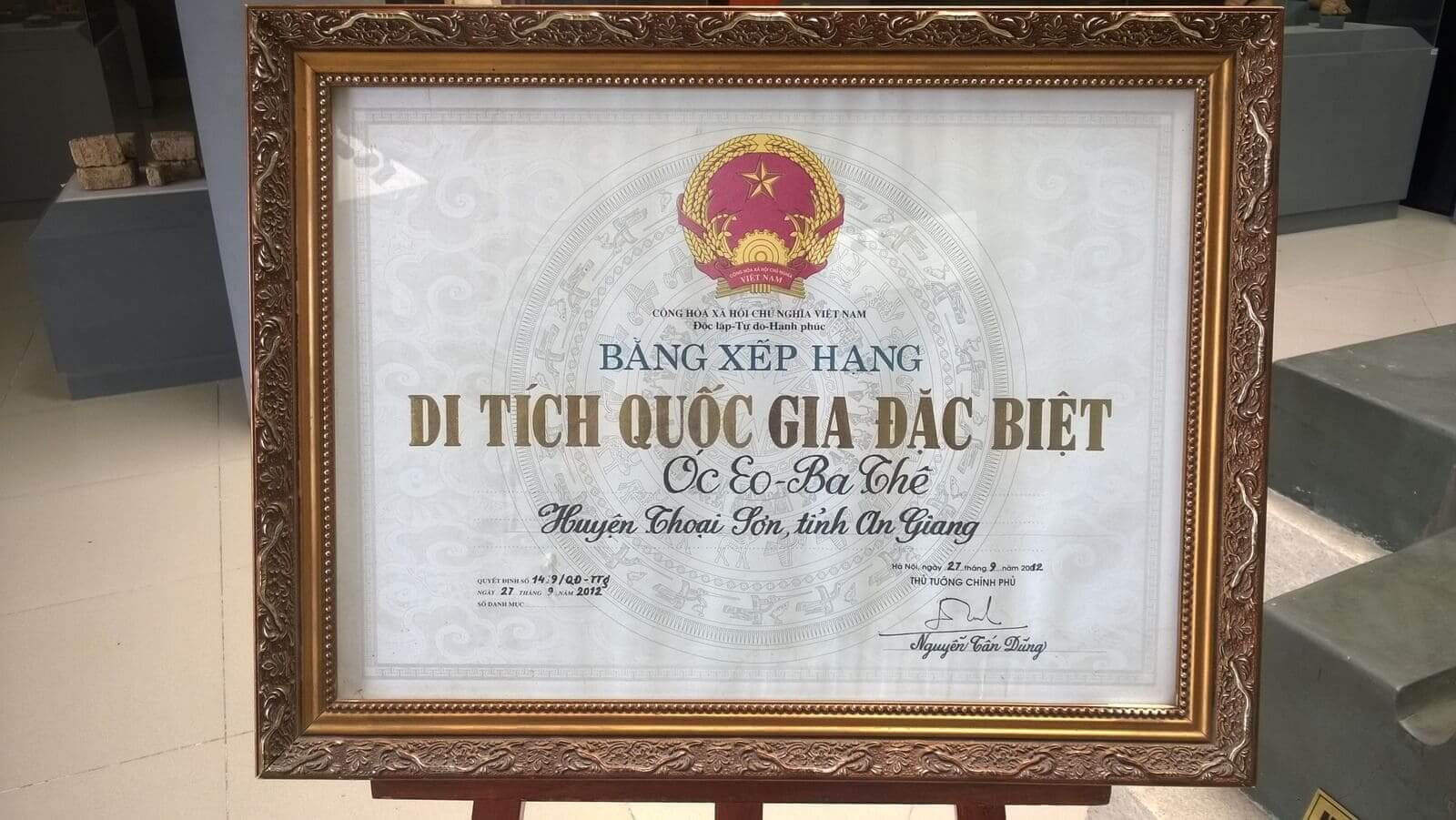 Di tích Văn hóa Óc Eo – Ba Thê được Thủ tướng Chính phủ xếp hạng là Di tích Quốc gia Đặc biệt.