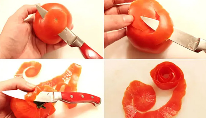 Cách tạo hình hoa hồng trang trí món ăn từ cà chua