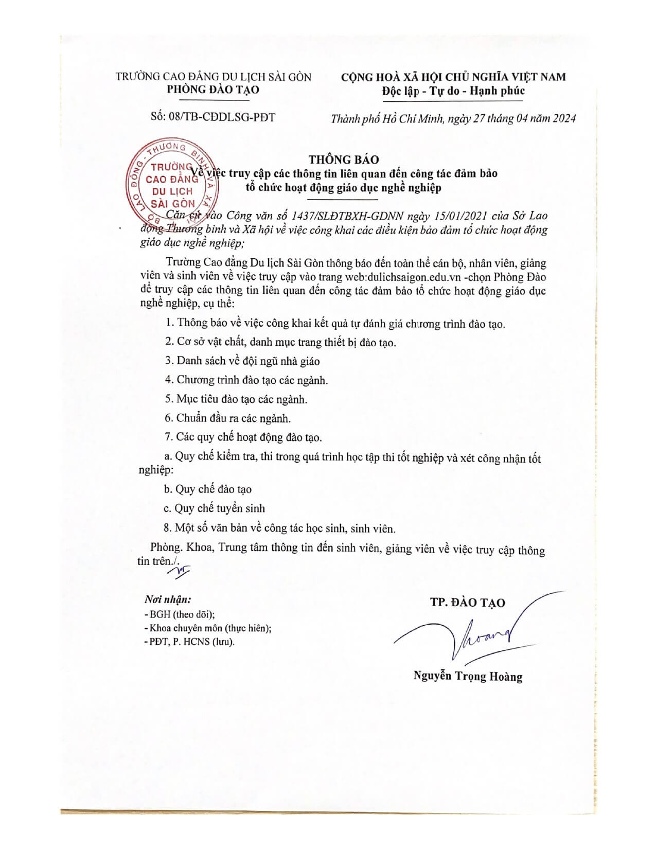 Thông báo về việc truy cập các thông tin liên quan đến công tác đảm bảo tổ chức hoạt động giáo dục nghề nghiệp (Số 08/TB-CĐDLSG-PĐT)