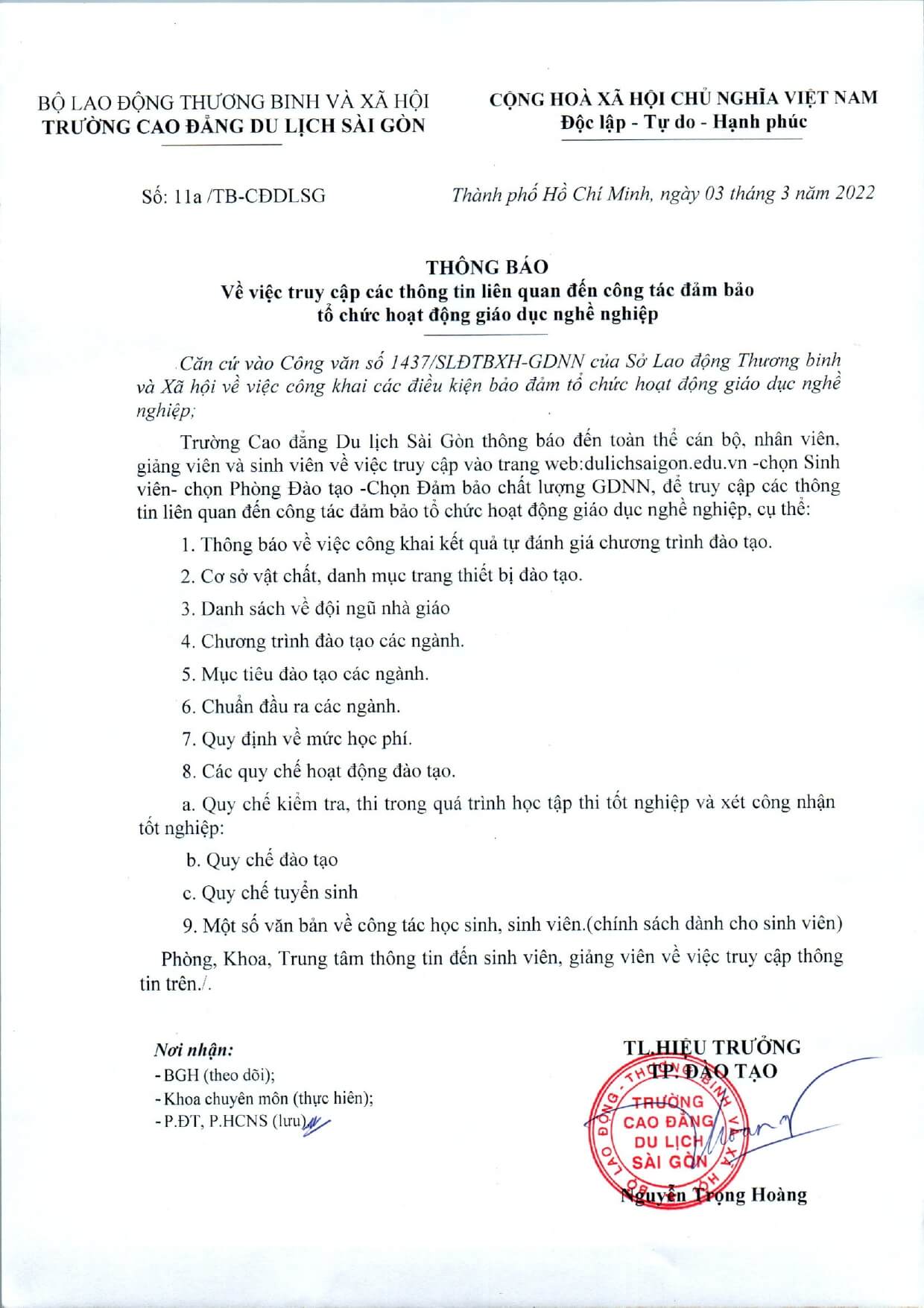  Thông báo về việc truy cập các thông tin liên quan đến công tác đảm bảo tổ chức hoạt động giáo dục nghề nghiệp (Số 11a/TB-CĐDLSG)