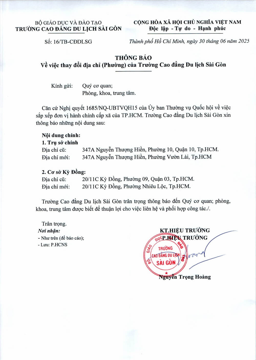 Thông báo địa chỉ mới của Trường Cao đẳng Du lịch Sài Gòn từ 1/7/2025