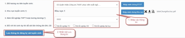Điền đầy đủ các thông tin đăng ký xét tuyển sinh và bấm lưu để cập nhật