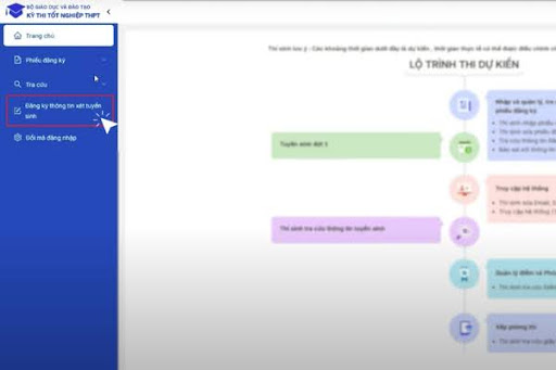 Vào mục “Đăng ký thông tin xét tuyển sinh” ở bên trái giao diện