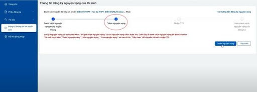 Xem danh sách nguyện vọng đủ điều kiện trúng tuyển và chọn “Thêm nguyện vọng”