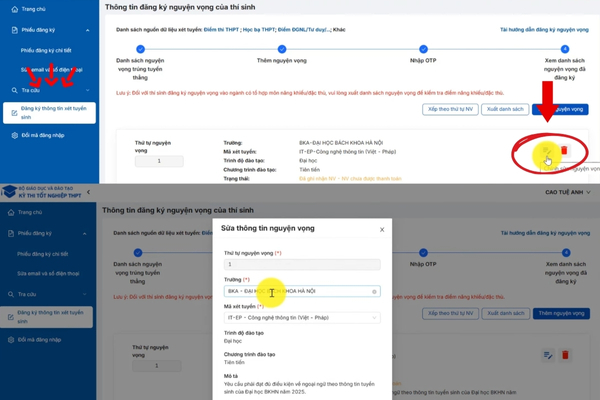 Thí sinh tích vào dấu bút bì để tiến hành sửa thông tin nguyện vọng