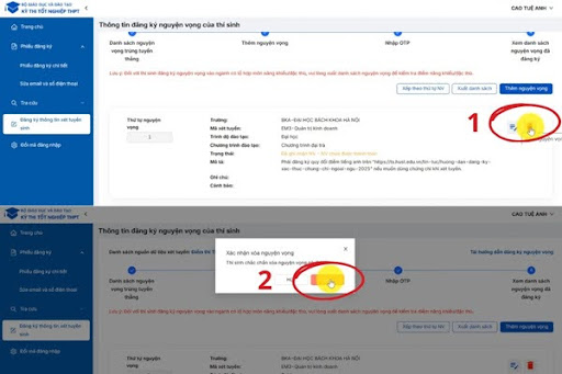 Chọn xóa nguyện vọng xét tuyển