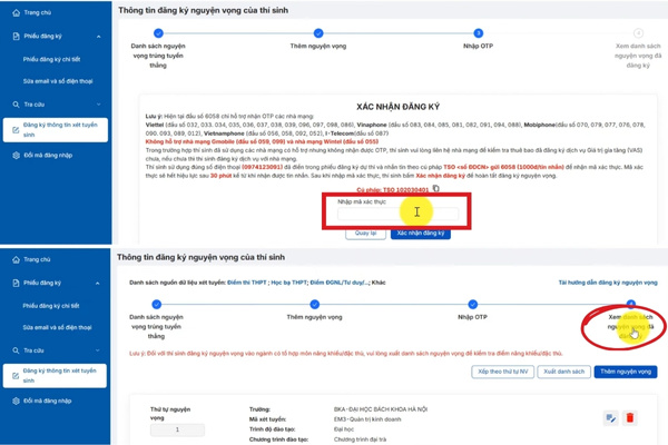 Thí sinh nhập mã OTP và xem lại danh sách nguyện vọng đã chỉnh sửa