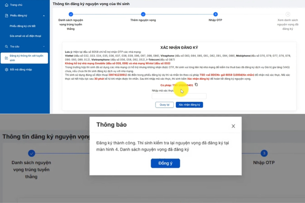 Nhập mã OTP, xác nhận đăng ký và chọn đồng ý