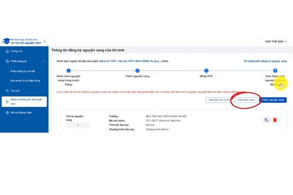 Xem lại nguyện vọng và chọn “xuất danh sách”