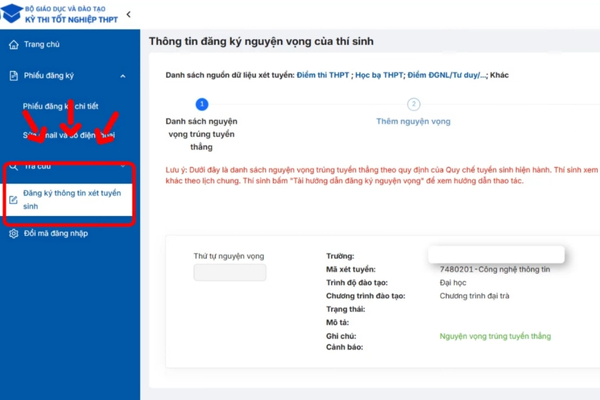 Nhấp vào mục “Đăng ký thông tin xét tuyển sinh”