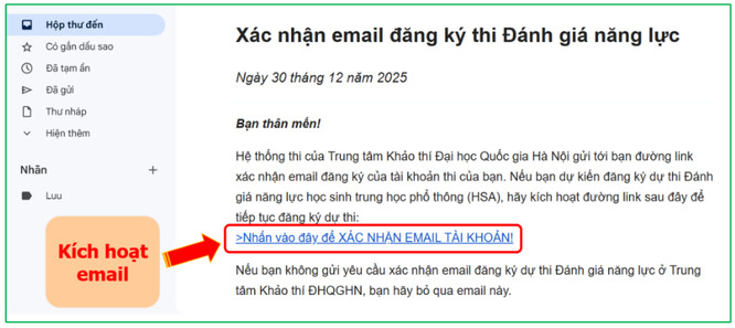 Email xác nhận đăng ký tài khoản thi đánh giá năng lực được gửi đến thí sinh