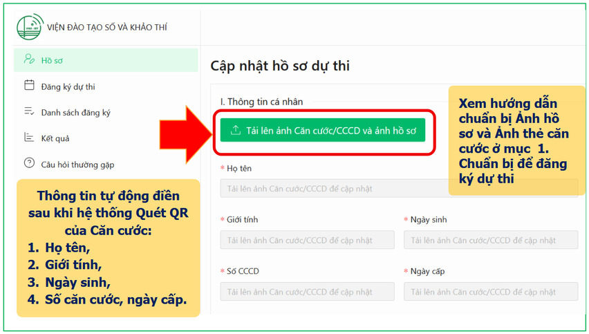 Cập nhật đầy đủ thông tin cá nhân và học tập trong hồ sơ đăng ký dự thi HSA