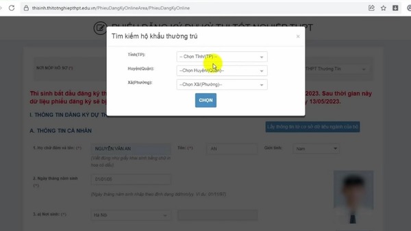 Điền thông tin nơi thường trú và tra cứu mã Tỉnh/TP, Huyện/Quận