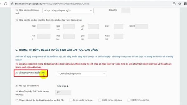 Khai báo đối tượng ưu tiên tuyển sinh cho thí sinh tự do trong phiếu đăng ký thi THPT