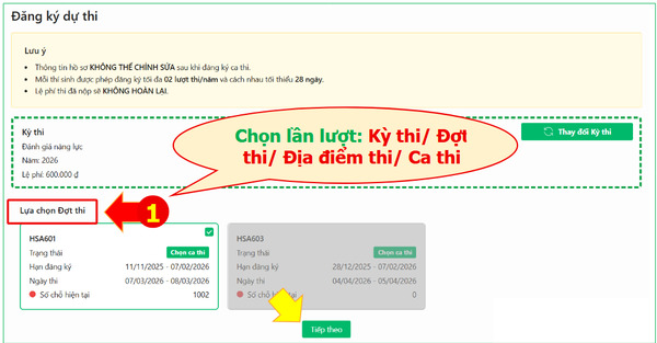 Thí sinh đăng ký Kỳ thi, đợt thi, địa điểm thi và ca thi đánh giá năng lực 2026