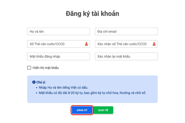 Tiến hành đăng ký tài khoản