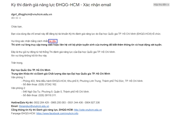 Email kích hoạt tài khoản đăng ký thi đánh giá năng lực được gửi đến thí sinh
