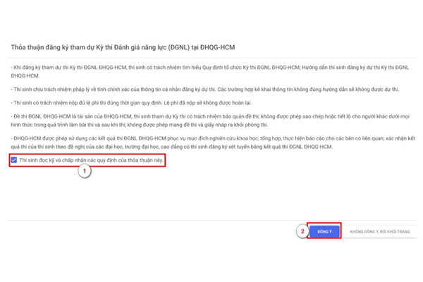 Xác nhận đồng ý với quy định của thỏa thuận đăng ký dự Kỳ thi ĐGNL