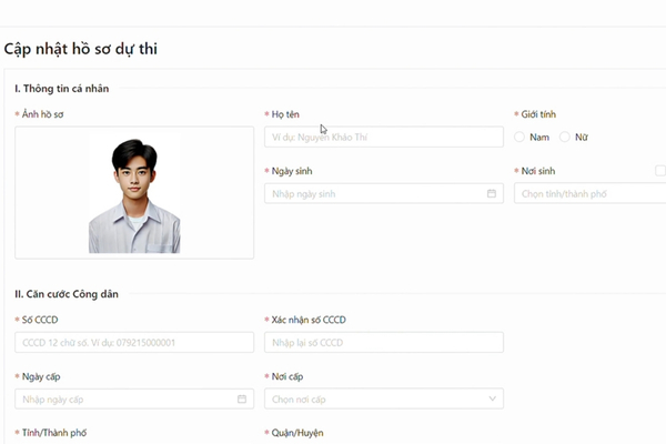 Thí sinh cập nhật đầy đủ thông tin cá nhân
