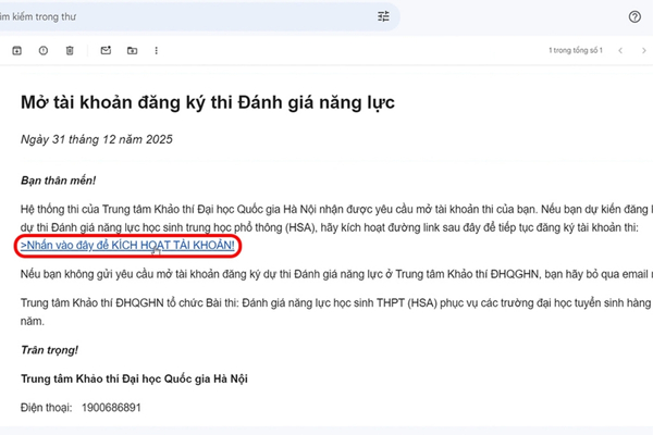 Kích hoạt tài khoản đăng ký thi đánh giá năng lực trong email cá nhân