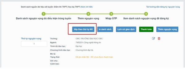 Minh họa quy trình xét tuyển theo thứ tự nguyện vọng từ cao đến thấp trong kỳ tuyển sinh